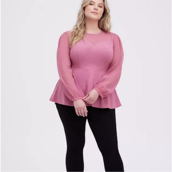Torrid Peplum Crepe Mesh Inset Long Sleeve Blouse Sz 0X 12 L Rose Pink - Picture 2 of 10
